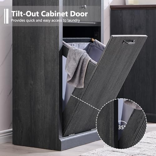 Image of IFBUY Tilt Out Laundry Hamper Cabinet, Modern Trash Can Cabinet, Dark Gray