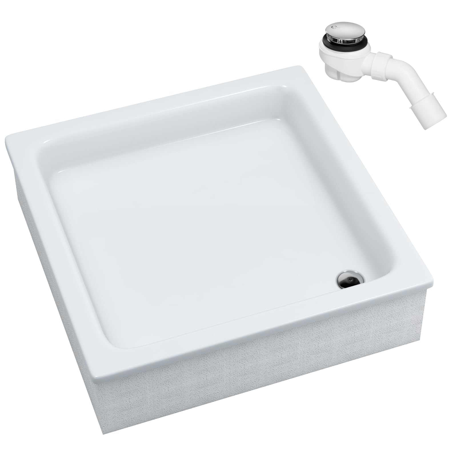 Sellon24® Acryl Duschwanne Duschtasse ohne Schürze Quadrat mit EPS Träger + Siphon Weiß Stabil Styroporträger Befliesbar BAU-Höhe 26cm (90x90x26cm)