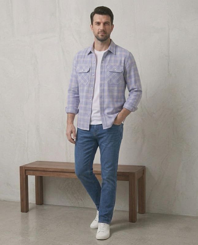 Image of DEELMO Men's Stylish Cotton Blend Casual Chakes Shirt || Full Sleeve Shirt with Dual Flap Pockets Fabric || Perfect for Casual and Classic Fit & Style || Stylish Everyday Wear