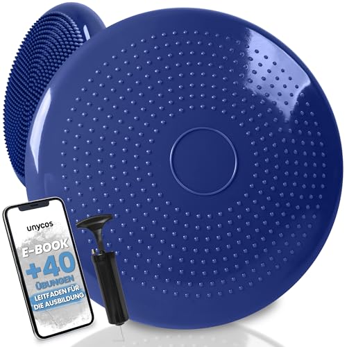 unycos - Ballsitzkissen inkl. Pumpe【Ø34 cm | Trägt 150 kg】Orthopädisches Sitzkissen Anti-Burst, Noppenkissen, Balance Pad, Luftkissen für Bürostuhl, Fitness, Reha/Koordinations (Dunkelblau; Basic) unycos - Ballsitzkissen inkl. Pumpe【Ø34 cm | Trägt 150 kg】Orthopädisches Sitzkissen Anti-Burst, Noppenkissen, Balance Pad, Luftkissen für Bürostuhl, Fitness, Reha/Koordinations (Dunkelblau; Basic)