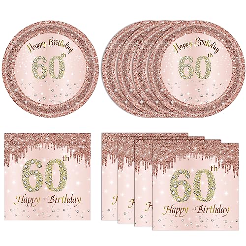 40 PCS 60th Birthday Decorations for Women Rose Gold Party Supplies Include 60th Birthday Plates and Napkins Rose Gold 1966 Birthday Decorations Disposable Tableware Set for Girl Ladies Women
