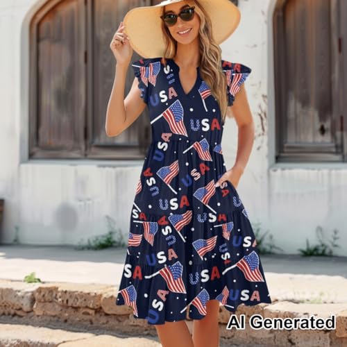 Image of Women's Casual Ruffle Sleeve Dress V Neck Pullover Dress Flowy A-Line Pleated Lightweight Dress with Pockets