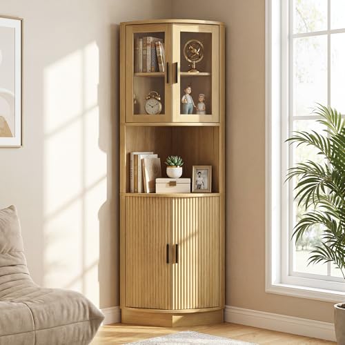 BonVache Eckschrank, Hochschrank mit Glastüren, Mehrzweckschrank, Aufbewahrungsschrank für Esszimmer, Wohnzimmer, Büro, Wellendesign, MDF, 165x56x41,5 cm, Natur