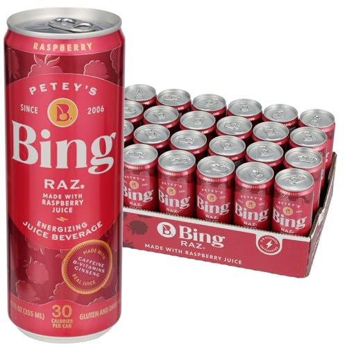 BING RAZ Energizing Juice Beverage – Raspberry (12oz/24pk) – Made with REAL Juice! Only 1g added Sugar, Low Calorie, 5 B-Vitamins & Ginseng; 100mg Caffeine; Vegan, Gluten + Dairy Free. DELICIOUS