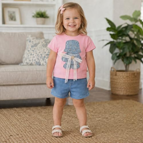 Image of Bold N Elegant Baby Girl Cotton Printed Cute Duck Cartoon Bow Embellished T-Shirt Top & Shorts Summer Casual Clothing Set