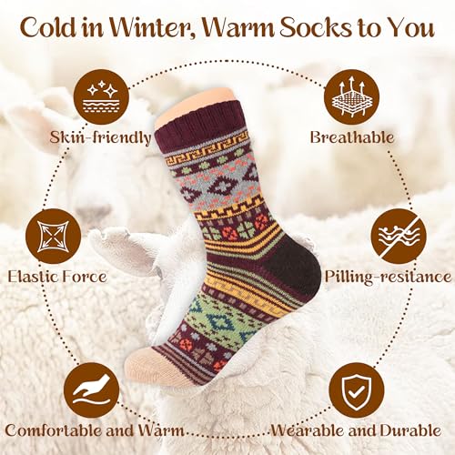 Image of LOCONHA Womens Wool Socks 5 Pairs Winter Warm Sock Thick Knit Cabin Cozy Crew Soft Socks Gifts for Women