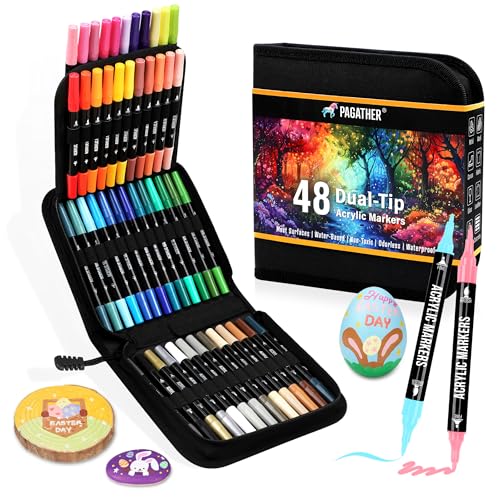 Pagather 48 Colors Acrylic Paint Markers, Dual Tip with Fine Tip and Brush Tip Pens for Stone, Wood, Calligraphy, Canvas, Ceramic, Metal, Glass, Rock Painting, DIY Crafts Art Supplies Kit