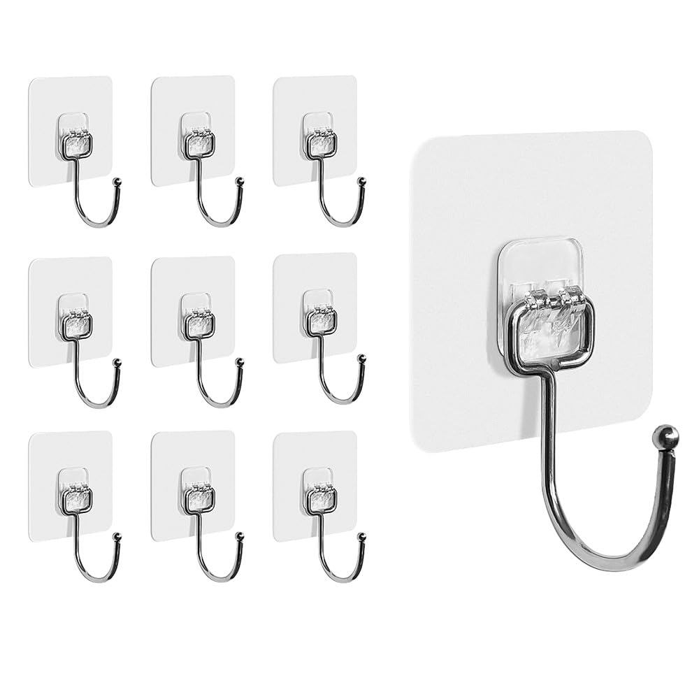 Hushtong ‎Transparent Heavy Duty Adhesive Hooks 20Kg (Max) 10 Pack - Crystal Clear Wall Hooks, Waterproof & Rustproof, Traceless Removable Stick On Hooks For Shower, Tile, Glass & Smooth Surfaces