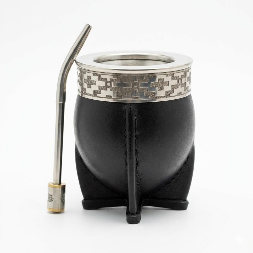 Yerba Mate Cup with Bombilla – Genuine Leather Argentine Mate Gourd, Natural Calabash, Hand-Engraved Alpaca Virola | Handcrafted Mate Set with Bombo Straw | Mate Argentino (Black Leather Imperial)