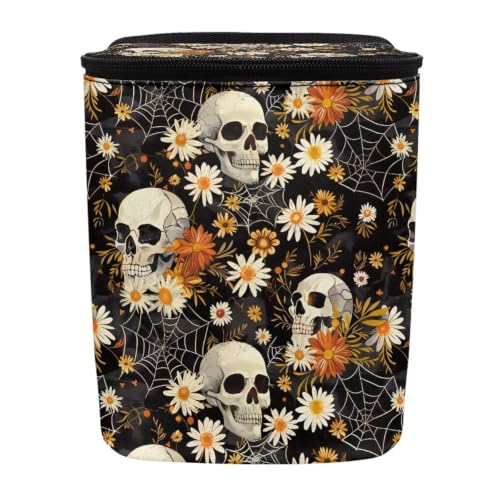 Image of Daisy Skeleton Skull Print Car Trash Can with Lid Proof Organizer and Storage Bag Car Garbage Can with Adjustable Straps for Cars Truck,SUV