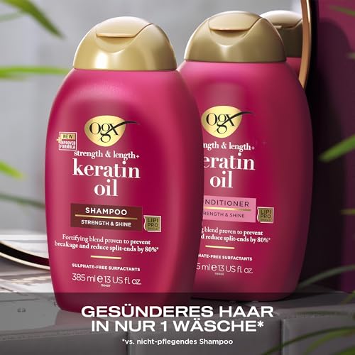 OGX Keratin Oil Conditioner 385ml kräftigende Anti-Haarbruch Haarspülung verhindert nachweislich Haarbruch und reduziert Spliss um bis zu 80Prozent* *bei Verwendung von Shampoo und Spülung