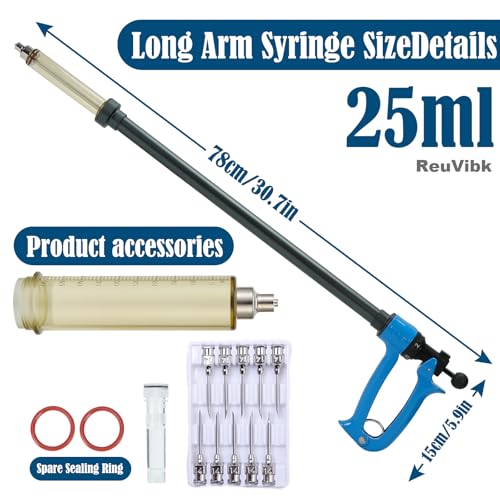 Image of 25ml Repeating Livestock Syringe Gun-Long Pole Veterinary Injector | with 5 Dose Settings, Ergonomic Grip, Clear Barrel & Luer Lock for Cattle, Horses, Goats, Sheep, Pigs