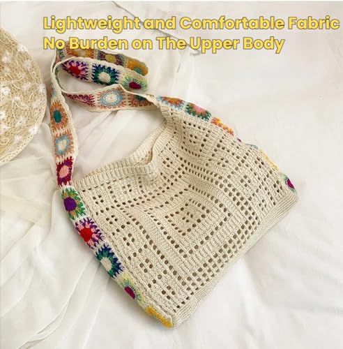Women's Boho Embroidery Crossbody Bag Crochet Beach Bags for Women Hollow Out Crochet Knit Shoulder Bag Crochet Tote Bag4