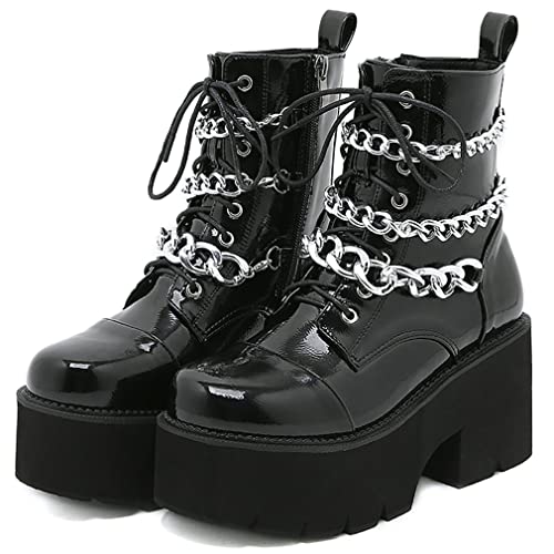 Image of Parisuit Womens Goth Patent Ankle Boots Platform Chunky Combat Boots | Lace Up, Gothic Boots, High Heel, Punk Short Booties, Buckle Boots, Chain Boots