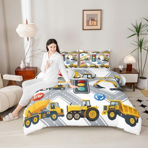 Image of Feelyou Cartoon Construction Excavator Bedding Set for Kids Boys Vehicles Truck Car Comforter Decor Machinery Bulldozer Crane Comforter Set Nursery Duvet Set King Size Bedspreads Coverlet Sets Boys