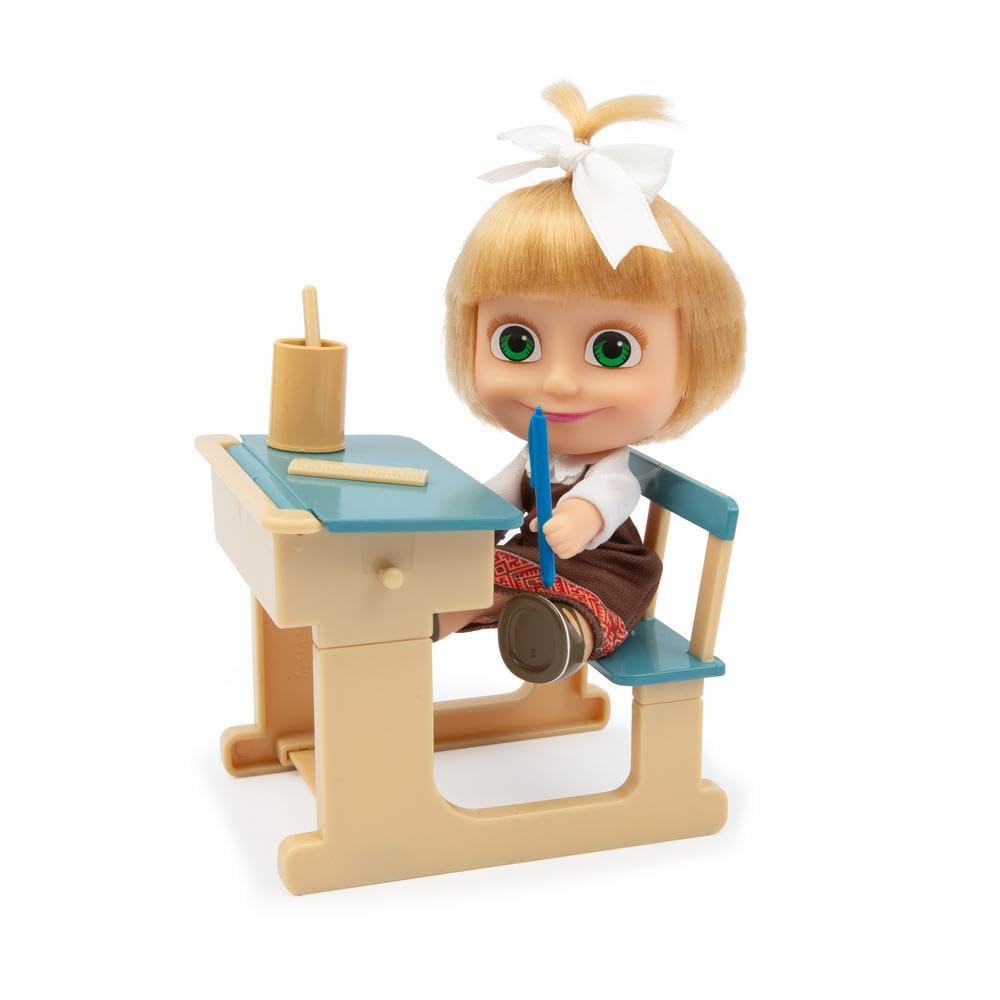 MASHA & THE BEAR Klasa Playset i lalka Masza 12 cm wysokości, klasa szkolna z magiczną tablicą i akcesoriami, lalka z serii Masza i niedźwiedź, dla dzieci od 3 lat