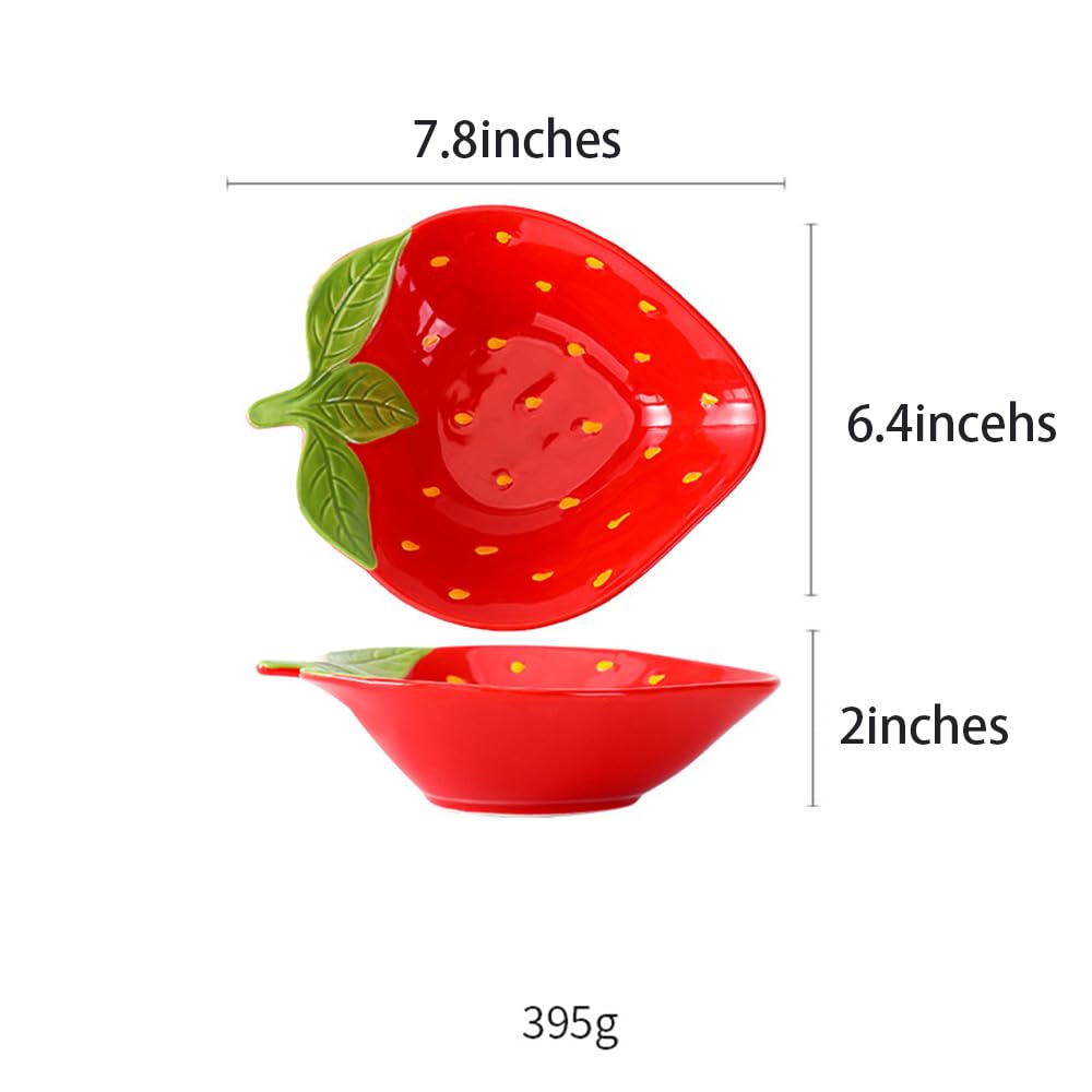 Mozacona Ceramic Strawberry Plate, Hand Drawn Dessert Dish, Salad Plate, Fruit Plate,7.8 inches