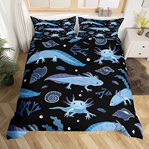 Feelyou Cartoon Axolotl Duvet Cover Kawaii Axolotl Comforter Cover 3D Animals Theme Bedding Set for Kids Adults Salamander Black Blue Bedspread Cover Ultra Soft Room Decor Quilt Cover 2Pcs Twin Size
