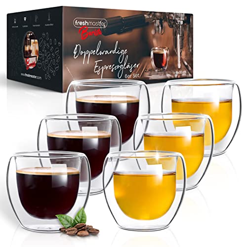 freshmaster Barista - 6 tazzine per caffè espresso, con effetto fluttuante, set di tazze in vetro termico a doppia parete, 80 ml