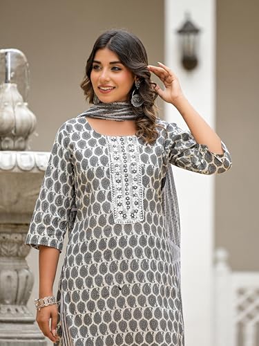 Image of Juniper Grey Ethnic Motif Printed Cotton Kurta, Pant And Dupatta Set With Thread & Mirror Work