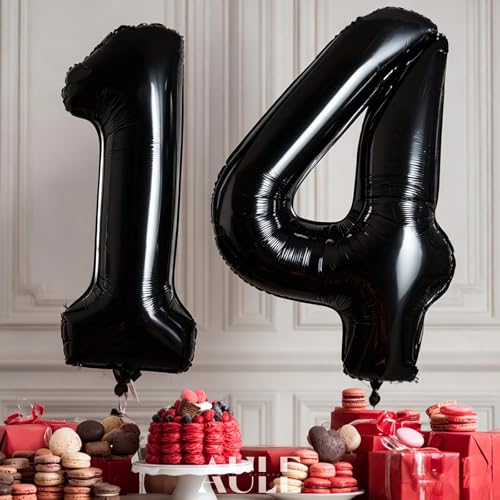 Image of AULE 40 Inch Large 14 Balloon Numbers Black, Big Foil Number Balloons, Giant Helium Happy 14th Birthday Party Decorations for Boy and Girl, Huge Mylar Anniversary Party Supplies