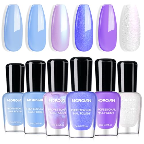 Morovan Blue Nail Polish Set: Aurora Pearl Glitter Purple Nail Polish Kit White Sparkle Shimmer Mermaid Regular Air Quick Dry Fingernail Polish Pack for Women 2025 Nail Art Design Gift Holiday Party