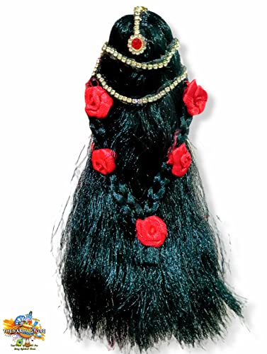 Brij Sugandha Flower Decoration Open Hair – Decorated Black Microfiber Kesh for Durga Maa, Radha Rani & All Devi Idol by The Kanha Store (7 INCH)