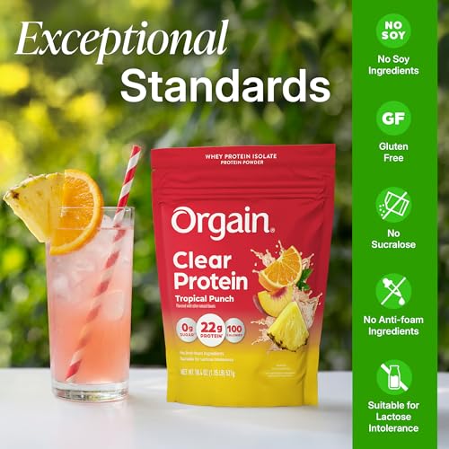 Orgain Clear Whey Isolate 22g Protein Powder, Tropical Punch, 18 Servings | Whey protein, 0g sugar, no anti-foaming agent, suitable for lactose intolerance, no artificial color, no soy, 10.1oz - image 5
