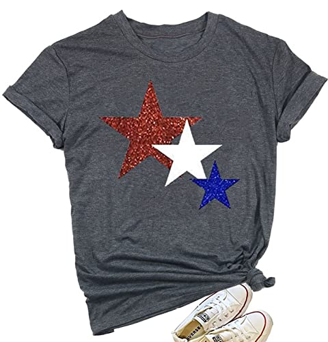 American Flag Red White Blue Stars Glitter Shirt Women Short Sleeve Casual Graphic Tee Tops