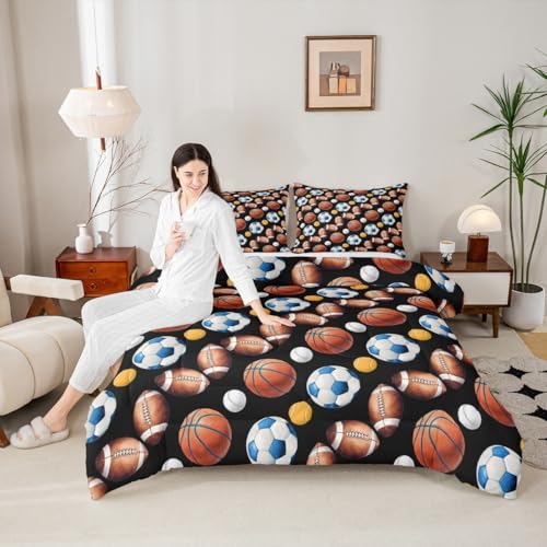 Image of Feelyou Soccer Football Comforter Set Queen Size Basketball Baseball Softball Sport Theme Bedding Set for Kids Boys Girls Black Duvet Quilt Bedroom Decor Microfiber 3 Pcs with 2 Pillow Cases