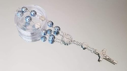 Maysoo - 12 pulseras de perlas para niñas, rosario con dije en cruz católica, bautizo, boda, ducha, fiesta de cumpleaños (plata azul bebé), Metal