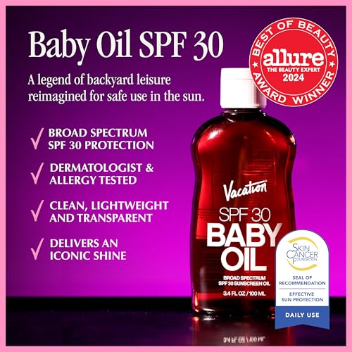 Image of Vacation Baby Oil SPF 30 Sunscreen Oil and Air Freshener Bundle, 3.4 Fluid Ounces - Hydrating, Lightweight, Body Sunscreen, Transparent on All Skin Tones, Water-Resistant, Vegan