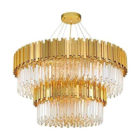 Postmodern Round Golden Stainless Steel Crystal Luxury Chandelier Lighting Lustre Suspension Luminaire Lampen For Dinning Room, Bedroom, Kitchen,Restaurant, living areas,2 layers,100CM Cover