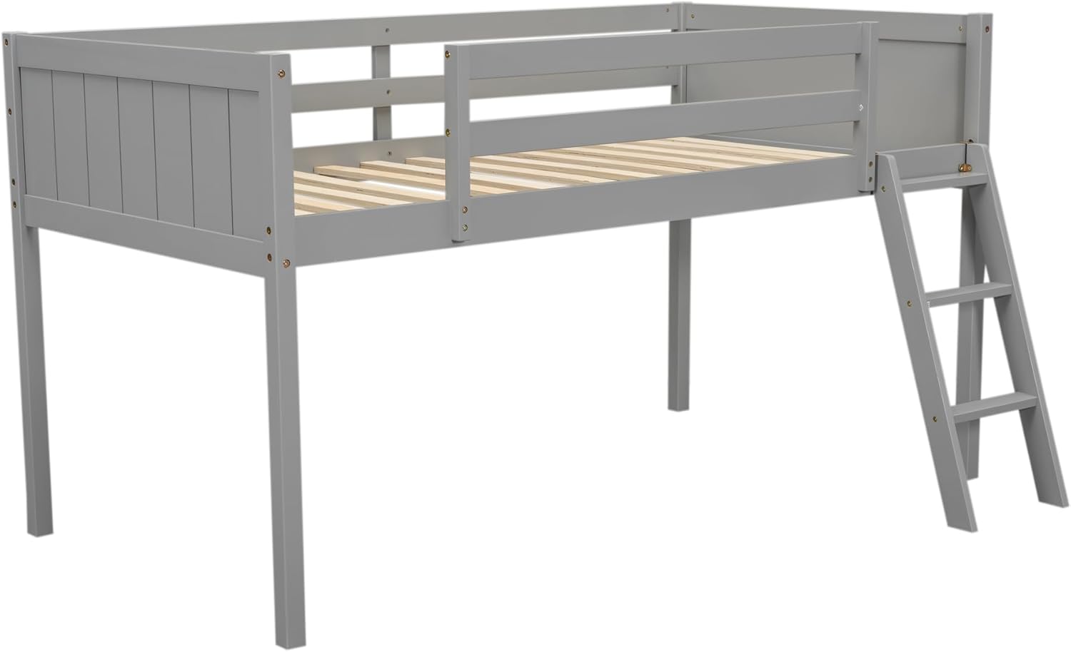 Twin Size Wood Low Loft Bed with Ladder, Ladder can be Placed on The Left or Right,Wooden Low Loft Bed with Guardrail for Kids or Teens,Space Saving,No Box Spring Needed (Gray, Twin)