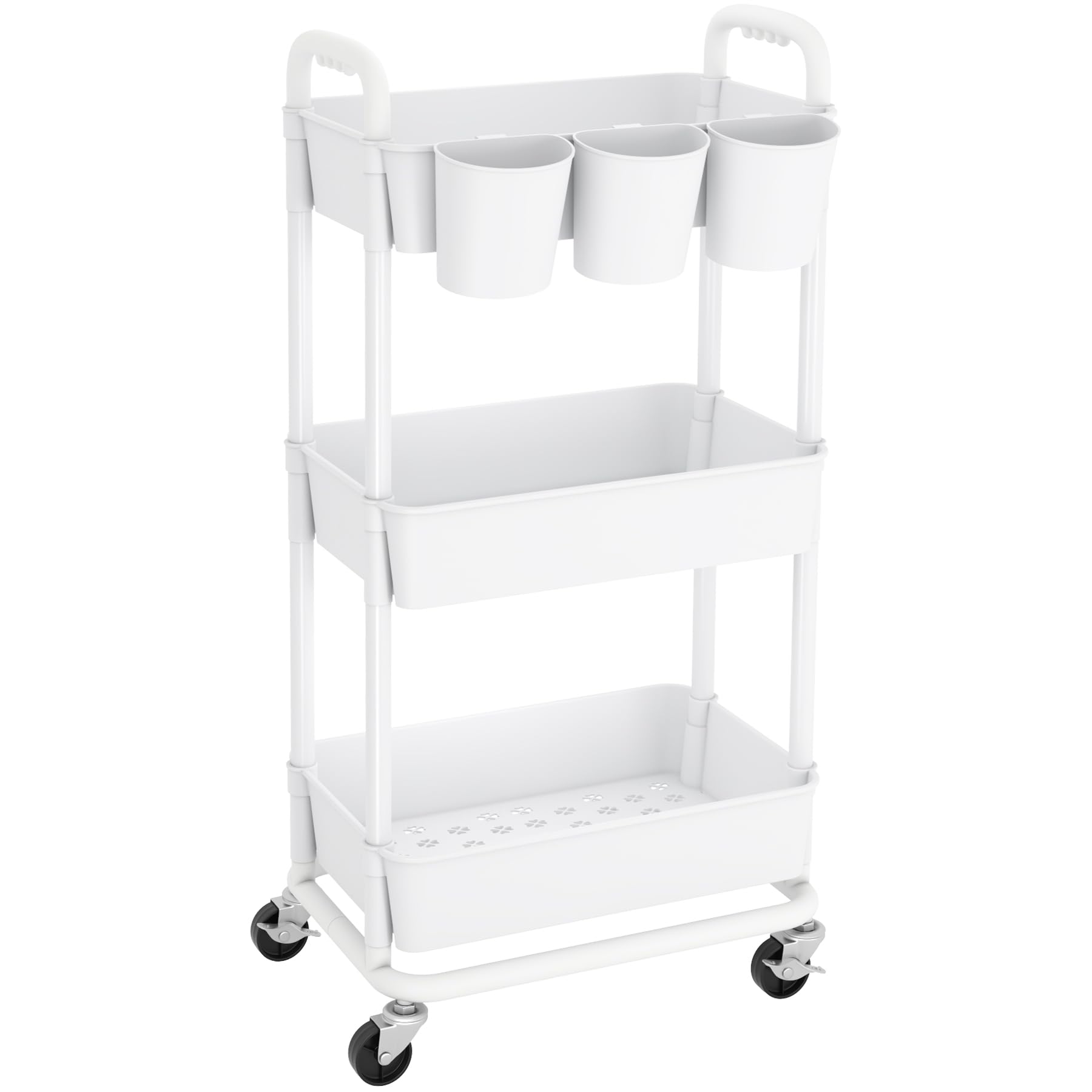 JIUYOTREE 3-Tier Plastic Rolling Storage Cart Utility Cart with Extra Hanging Cups Handles Lockable Wheels for Living Room Bathroom Kitchen Office White