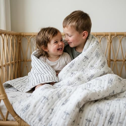 Image of MakeMake Organics Organic Full Comforter GOTS Certified Organic Kids Blanket Cotton Infill Tufted - Reversible Ultra Soft Breathable Boys Girls (90 inchx88 inch, Astro + Navy Stripes)