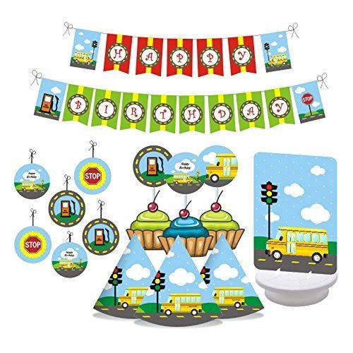 Wheels on the BUS Birthday Party Decorations. Includes Wheels on the Bus Party Hats, Wheels on the BUS Centerpieces, Happy Birthday Banner, Hanging Decorations & Wheels on the BUS Cupcake Toppers