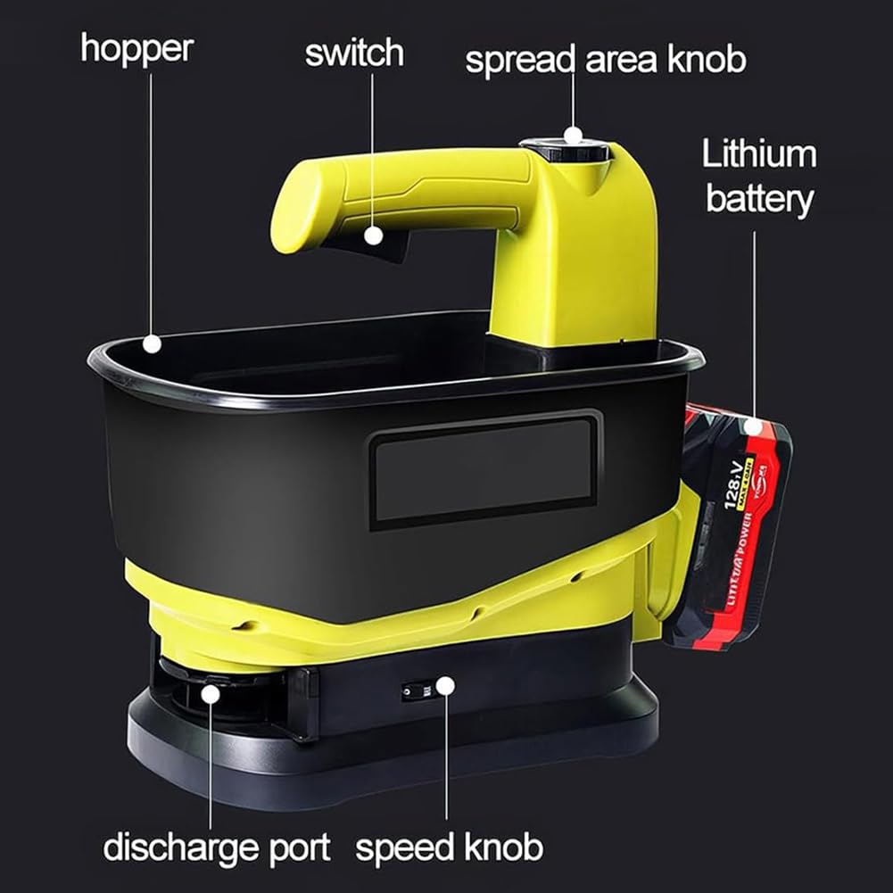 Esparcidor de energía de mano inalámbrico, capacidad de 5.5 L con batería de 4.0 Ah, caudal ajustable y ancho de dispersión, ideal para distribuir eficientemente semillas de césped, piensos y