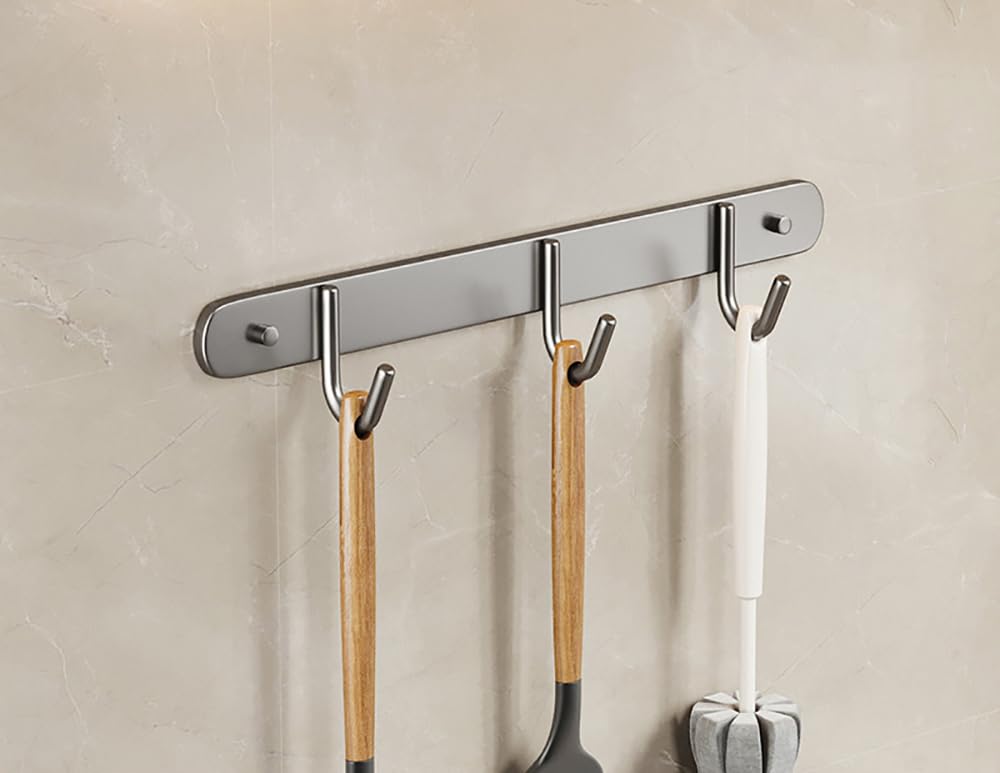 XYAGYUND Hanging Pot Rack, Kitchen Utensils Holder 2 Pieces Utensil Rack Stainless Steel Wall Mounted Hooks with Removable Utensils Holder(Grey,20cm)