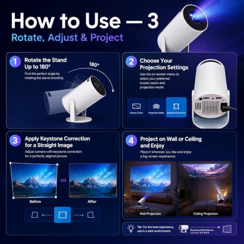Image of One94Store Android 11 Smart Mini Projector, WiFi 6 Bluetooth HD Home Theater Projector, 1080P 4K Input Support, 180 Rotating Stand, Auto Keystone, HDMI USB for Mobile & Gaming