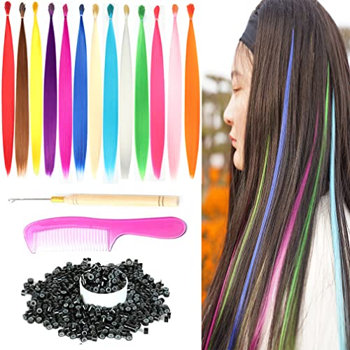 SHUOHAN 39 Pieces/Lot 17'' Synthetic Colored Hair Extensions Kit with 1 Pcs Crochet Hook 50Pcs Micro Silicon Hair Beads Colorful Rainbow Hair Piece With Tool Kit (17'', Mixed color 39Pcs)