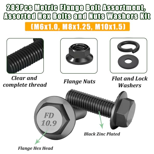 Image of 283Pcs Metric Flange Bolt Assortment,M6x1.0,M8x1.25, M10x1.5 (12mm to 30mm) Bolts and Nuts Assortment,10.9 Black Zinc Galvanized,Bolt Kit