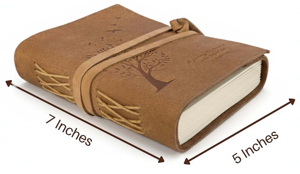 Image of AccuPrints 240 Page Leather Size 5 b y 7 inch Travel Diary with Inspirational Quote, Vintage Craft Paper Notebook for Writing, Sketching, Scrapbooking, Compact Size with Strap Closure