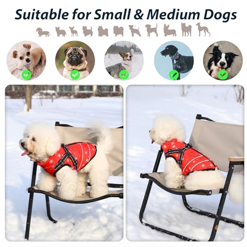 Mitili Warme Hundemantel Wasserdicht mit Geschirr, Reflektierend Hundejacke Winter für Kleine und Mittlere Hunde, Winddichte Hunde Wintermantel, Outdoor Hundeweste (Schneeflocke, M)