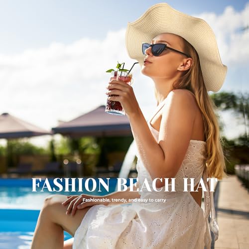 Image of Beach Sun Straw Hats for Women, UPF 50+ UV Sun Protection Wide Brim Summer Straw Hat Foldable Packable Roll up Cap