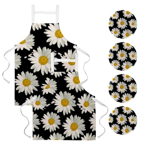 Tablier de serveuse pour cuisine et pâtisserie à motif marguerites blanches, lot de 2
