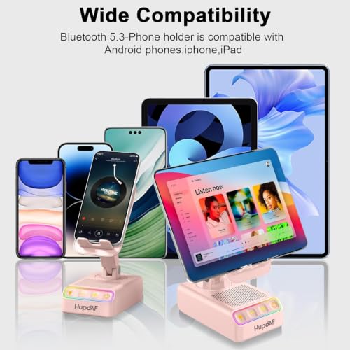 Image of 2026 Gifts for Mom Dad, Adjustable Cell Phone Stand with Wireless Induction Bluetooth Speaker, HD Surround Sound & RGB Rhythm Lights, Foldable Portable Stand for Desk, Kitchen Counter, Home Office