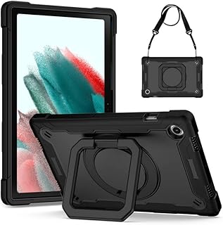 DETUOSI Hard Case for Samsung Galaxy Tab A8 10.5 inch 2022 Model (SM-X200/X205/X207), Full-Body Shockproof Protective Case with Shoulder Strap, 360 Rotating Stand Case for Tab A8, Black