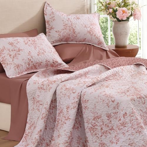 Image of Andency Quilt Queen Size, Pink Flower Bedspread Queen Size, 3 Pieces Soft Bedding Set, Lightweight Coverlet Set for All Season with 2 Pillowcases (96 inchx90 inch)