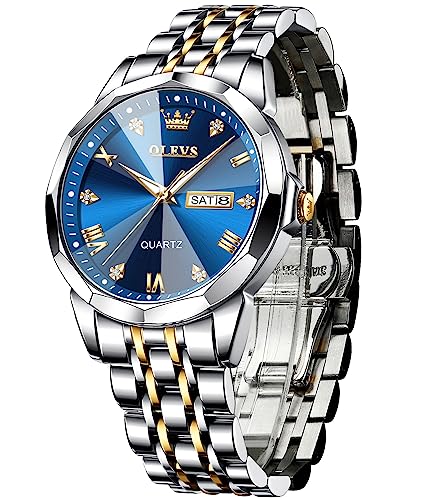 OLEVS Montres pour Hommes Diamond Business Wear analogique Quartz Acier Inoxydable étanche Lumineux Date Bicolore Luxe Casual Watch,Bleu Doré
